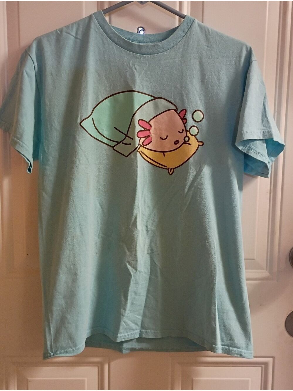 Hot Topic Pastel Blue Sleeping Axolotl Kawaii Graphic Tee Size Medium